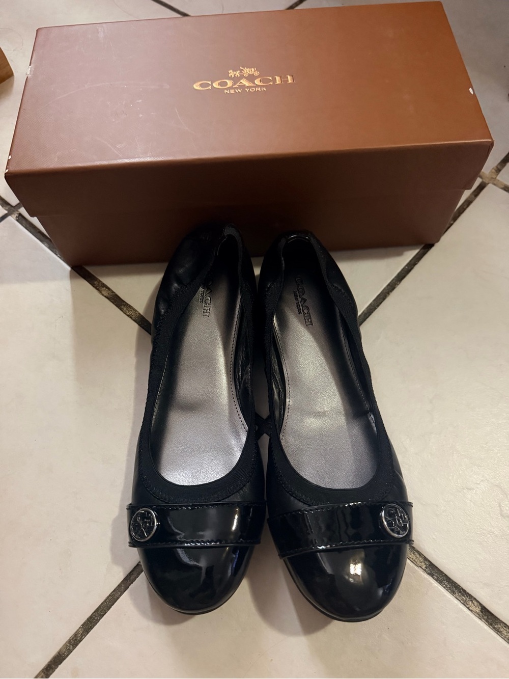 Coach Black Patent Toe Ballet Flats with Logo Accent